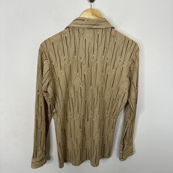 Vintage 70s Disco Men L Mr Jeff Pierre Gerard Polyester Button Shirt Tan L/S - Picture 5 of 5